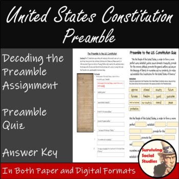 Preview of The Preamble to the U.S. Constitution Vocabulary Activity with Quiz Included