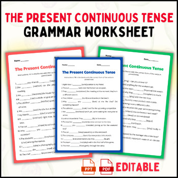 Preview of The Present Continuous Tense Grammar Worksheets (Editable Worksheets!)