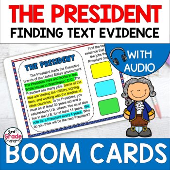 Preview of The President Finding Citing Text Evidence Reading Boom Cards Task Cards Audio