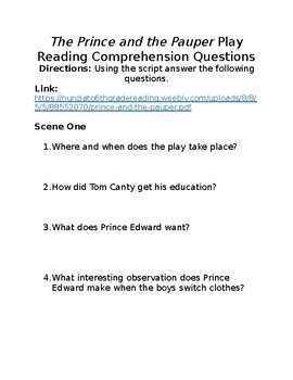 Preview of The Prince and the Pauper Play Version Reading Comprehension Questions