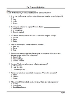 The Princess Bride Multiple Choice Quiz By M Walsh Tpt