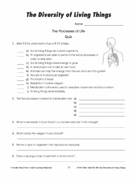 The Process of Life Quiz Grades 4-6 by On The Mark Press | TPT