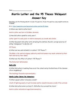 The Protestant Reformation Webquest (Martin Luther, 95 Thesis) | TpT