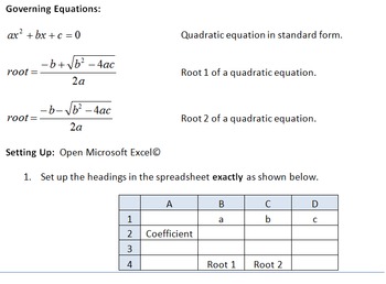 Preview of The Quadratic Formula and Finding Roots Using Goal Seek on a Spreadsheet