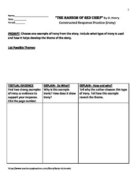 Preview of "The Ransom of Red Chief" Theme/Irony Constructed Response Practice plus KEY