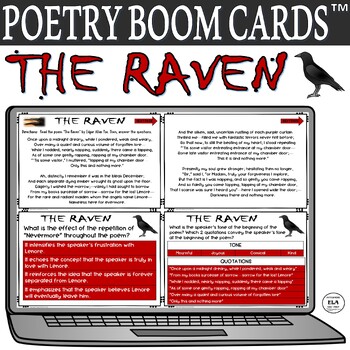Preview of The Raven Boom Cards™ Poetry Quiz Reading Comprehension Test Prep Poem