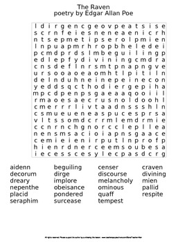 The Raven Edgar Allan Poe Guided Reading Worksheet, Crossword and