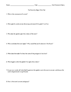 Preview of The Raven by Edgar Allan Poe: Worksheet or Assessment with Detailed Answer Key