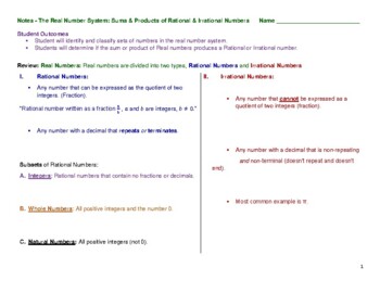 Preview of The Real Number System: Sums & Products of Rational & Irrational - Guided Notes