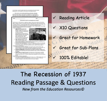Preview of The Recession of 1937 - Reading Comprehension Passage & Questions