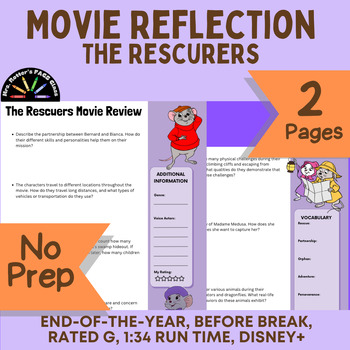Preview of The Rescuers Movie Review Worksheet - Disney+ Rated: G, Time: 1:34