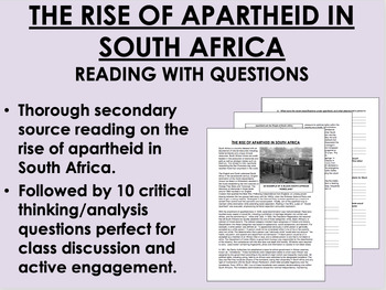 Preview of The Rise of Apartheid in South Africa Reading with Questions