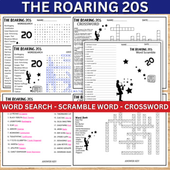 Preview of The Roaring 20s TWENTIES Worksheet Activity, WordSearch- Word Scramble