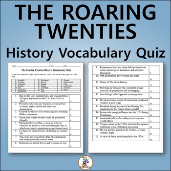 Preview of The Roaring 20s (Twenties) US History Vocabulary Quiz - Editable Worksheet