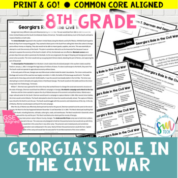 Preview of The Role of GA in the Civil War Reading Passage | SS8H5,SS8H5b GSE/CCSS aligned