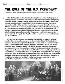 Preview of The Role of The United States President Informational Reading Test Prep Passage