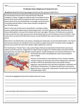 Preview of The Roman Empire Reading and Comprehension Worksheet