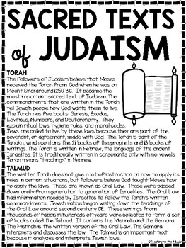 The Sacred Texts of Judaism Reading Comprehension Worksheet Torah Jewish