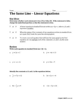 The Same Line Worksheet by Taylor J's Math Materials | TpT