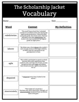 the scholarship jacket comprehension questions and vocabulary with context