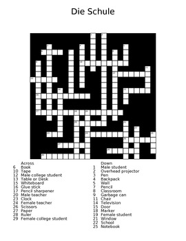 The School (die Schule) German Crossword Puzzle with Answer Sheet