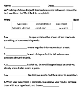 Preview of The Scientific Method Terms Worksheet - Science Experiment Terminology