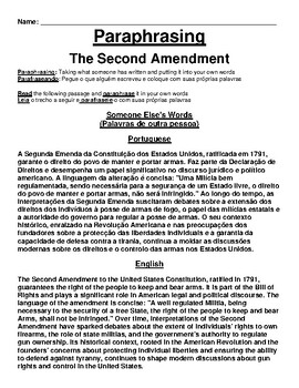 Preview of The Second Amendment Paraphrasing Worksheet (English & Portuguese)