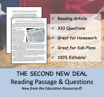 Preview of The Second New Deal - Reading Comprehension Passage & Questions