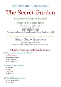 Preview of The Secret Garden (Stepping Stones) by Frances Hodgson Burnett; Quiz w/Ans Key
