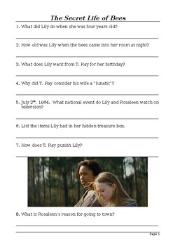 Preview of The Secret Life of Bees (2008) - Watch-along Viewing Questions Worksheet