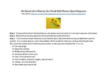 Preview of The Secret Life of Bees Theme Open Response Assignment w/ Rubric to Score