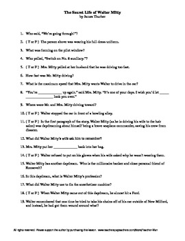 Preview of The Secret Life of Walter Mitty J. Thurber Guided Reading Worksheet