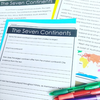Preview of The Seven Continents Reading Passage & Comprehension Questions FREEBIE