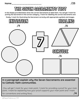 Preview of The Seven Sacraments Test - Catholic Education - Assessment - Rapid Rubrics