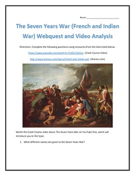 Preview of The Seven Years War (French and Indian War)-Webquest and Video Analysis with Key