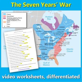 Preview of The Seven Years' War. Video worksheets, differentiated.