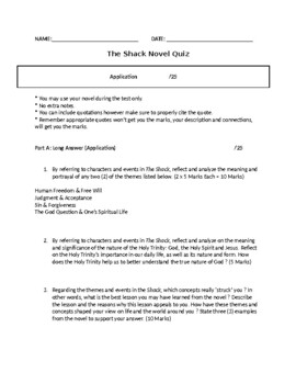Preview of The Shack Novel Quiz & Answer Key