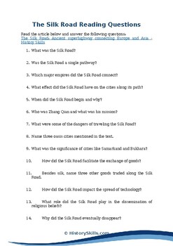 Preview of The Silk Road Reading Questions Worksheet