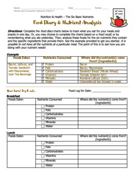 Preview of The Six Essential Nutrients - Food Diary/Recall & Analysis Activity