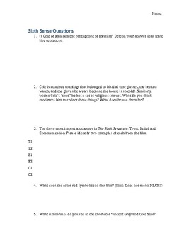 Preview of The Sixth Sense - Discussion Questions/Worksheet