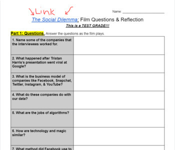 Preview of The Social Dilemma: Film Link, Questions, and Reflection 