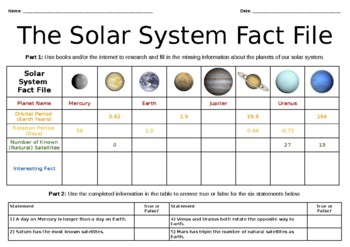 Preview of The Solar System - Large Fact File Worksheet
