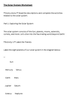 Preview of The Solar System Worksheet