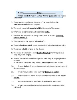 Preview of The Sound of Music Movie Questions for Middle School & High School Music