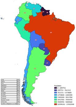 Preview of The South America map classified by the number of inhabitants of the countries