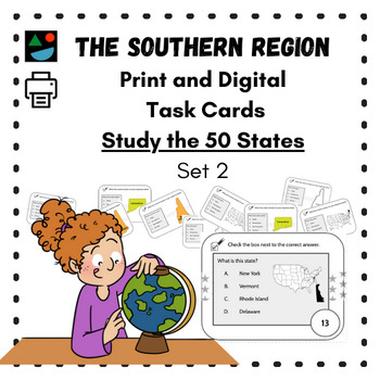 Preview of The Southern Region Learn the 50 States Print and Digital (Easel) Task Cards