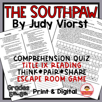 Preview of The Southpaw by Judy Viorst Comprehension Quiz, Think Pair Share + Escape Room