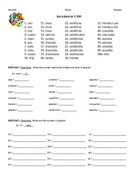 Numbers 1 to 100 in Spanish