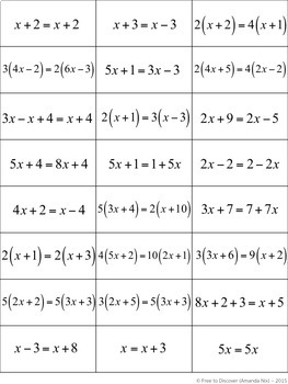 Solving Linear Equations Discovery Worksheet Card Sort Special