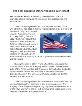 Preview of The Star Spangled Banner Reading Worksheet **Editable**